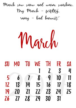 Calendar grid with lettering for 2017. March clipart