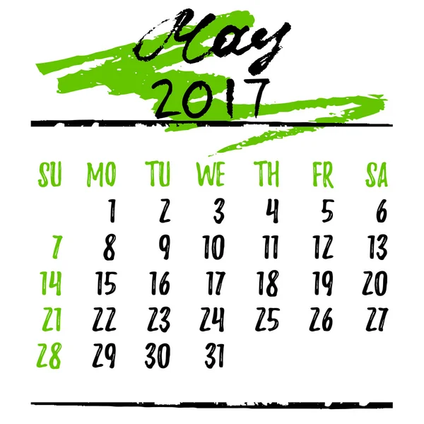 Cuadrícula de calendario con letras para 2017. Mayo — Vector de stock