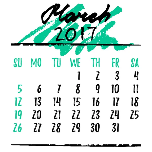 Cuadrícula de calendario con letras para 2017. Marzo — Vector de stock