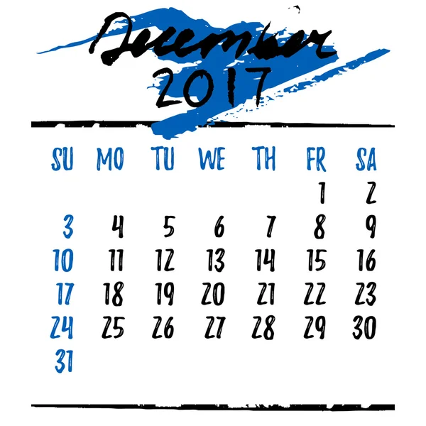 Calendar grid with lettering for 2017. December — Stock Vector