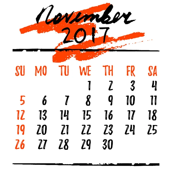 Calendar grid with lettering for 2017. November — Stock Vector