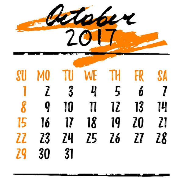Griglia del calendario con scritte per il 2017. Ottobre. — Vettoriale Stock