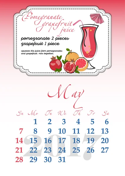 Cuadrícula del calendario para 2017. Bebidas refrescantes con sabor a fruta. Mayo — Vector de stock