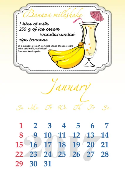 Cuadrícula del calendario para 2017. Bebidas refrescantes con sabor a fruta. Enero — Vector de stock