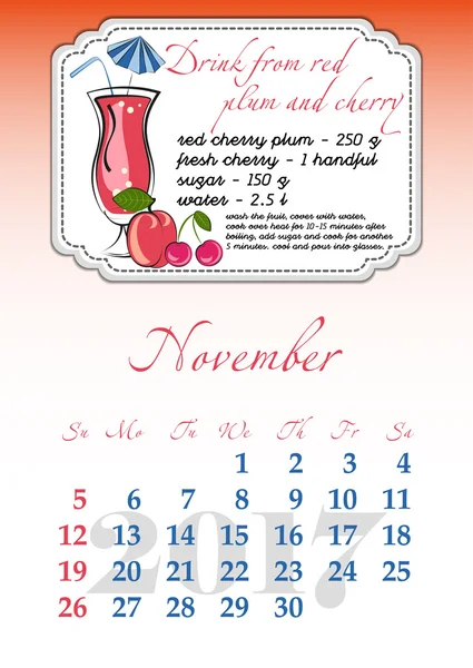 Siatki kalendarza na rok 2017. Orzeźwiające napoje owocowe. Listopada — Wektor stockowy