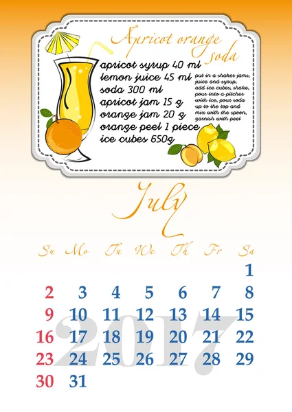 Cuadrícula del calendario para 2017. Bebidas refrescantes con sabor a fruta. Julio — Vector de stock
