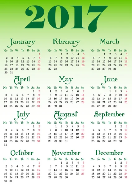 Grille du calendrier pour 2017 avec jours de week-end a noté — Image vectorielle