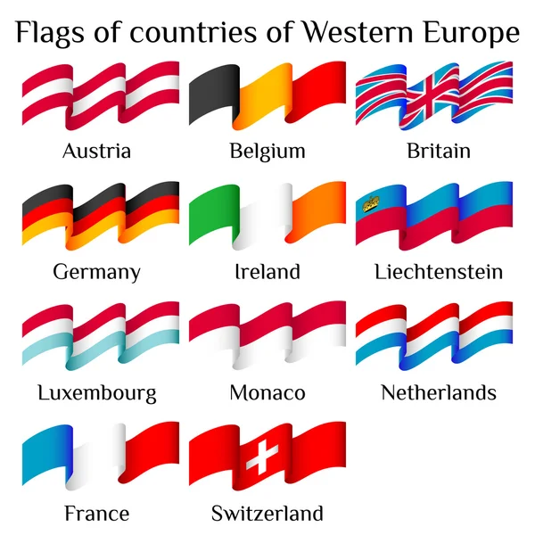 Vuelos banderas de países de Europa occidental en las ondas — Vector de stock