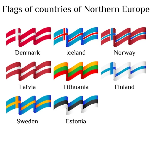 Vuelos banderas de países del norte de Europa en las ondas — Vector de stock