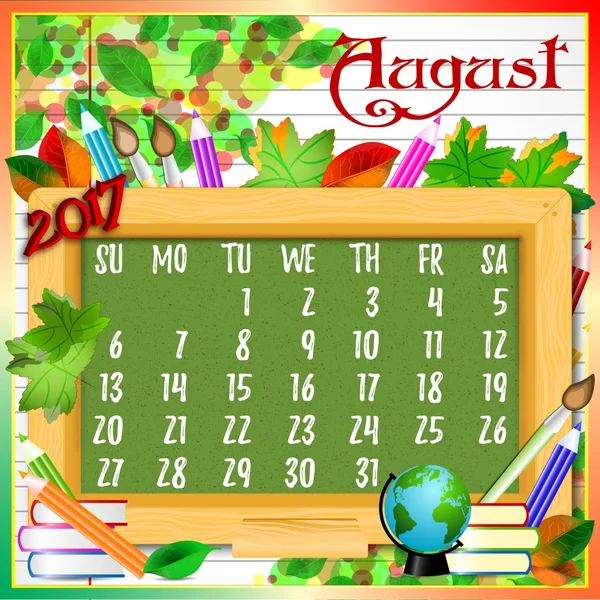 Cuadrícula del calendario para 2017. Regreso a la escuela. Agosto — Vector de stock