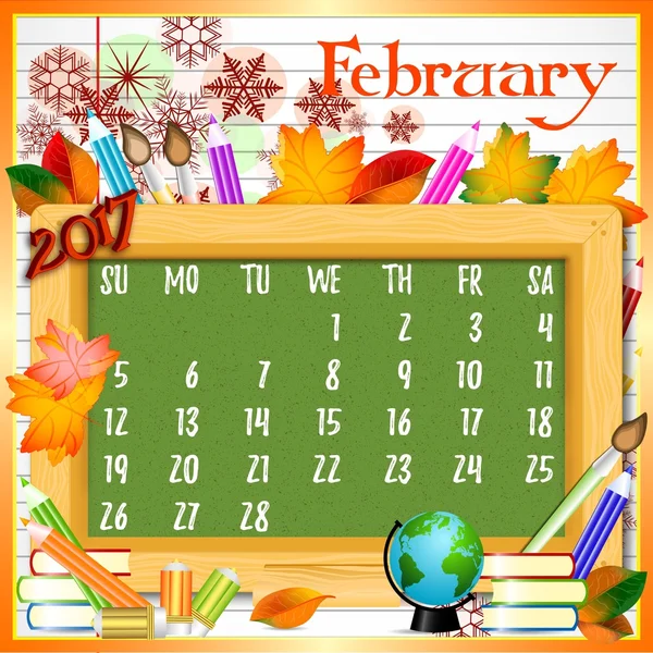 Cuadrícula del calendario para 2017. Regreso a la escuela. Febrero — Vector de stock