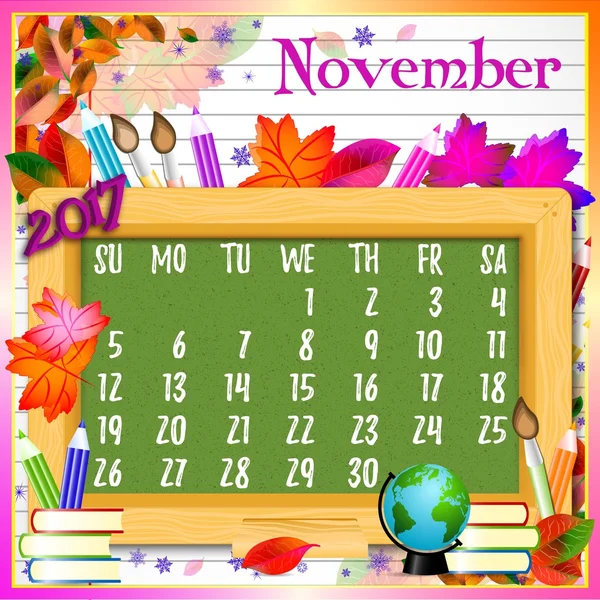 Cuadrícula del calendario para 2017. Regreso a la escuela. Noviembre — Vector de stock