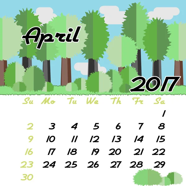 Calendar grid for 2017 in flat style. April — Stock Vector