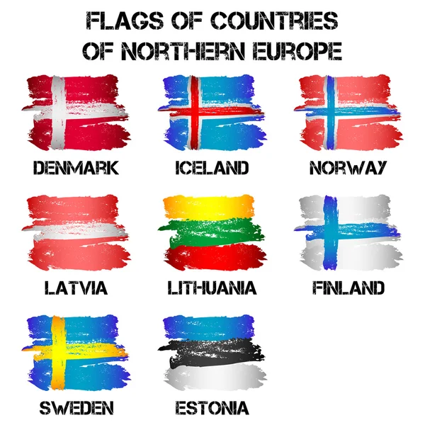 Drapeaux des pays d’Europe du Nord de coups de pinceau — Image vectorielle