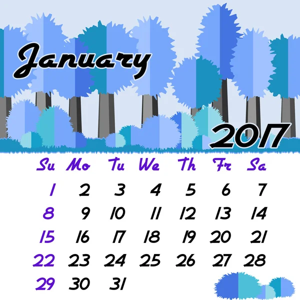 Calendar grid for 2017 in flat style. January — Stock Vector