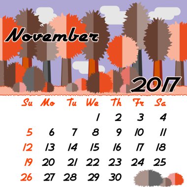 Takvim kılavuzu 2017 yılında düz stil için. Kasım