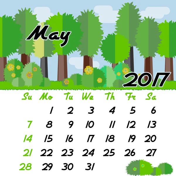 Calendar grid for 2017 in flat style. May — Stock Vector