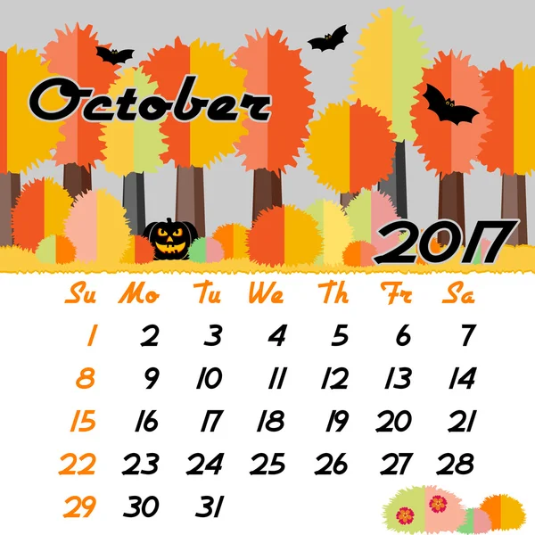 Calendar grid for 2017 in flat style. October — Stock Vector