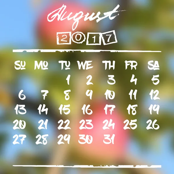 Grille calendrier avec lettrage pour 2017. Août — Image vectorielle