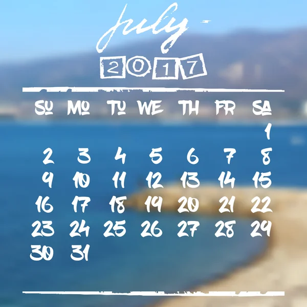 Grille calendrier avec lettrage pour 2017. Juillet — Image vectorielle