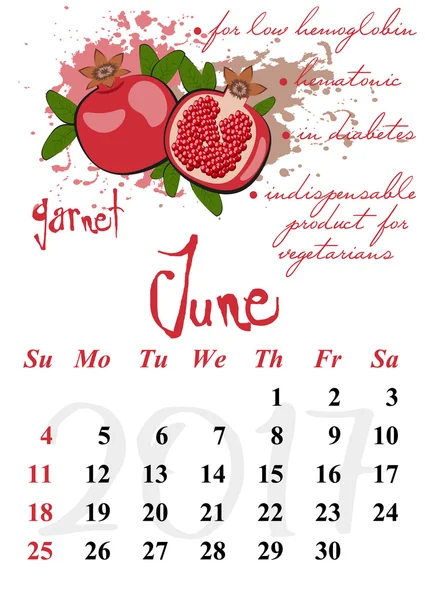 Cuadrícula del calendario para 2017. Propiedades útiles de las frutas. Junio — Archivo Imágenes Vectoriales