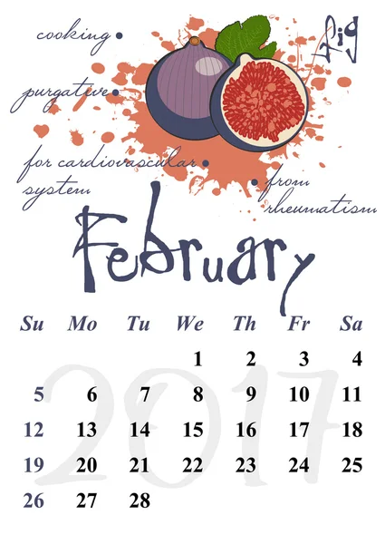 Agendaraster voor 2017. Nuttige eigenschappen van fruit. Februari — Stockvector