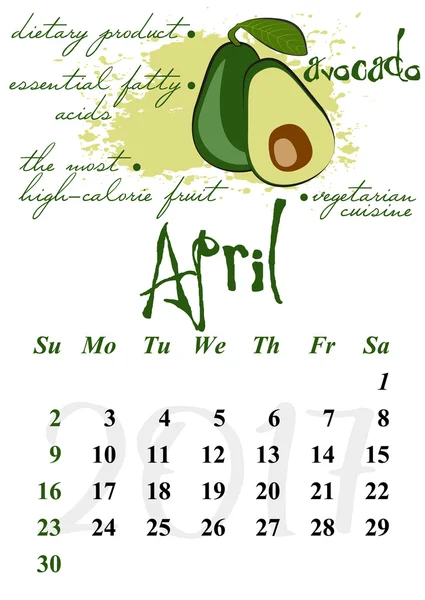 Kalenderns rutnät för 2017. Användbara egenskaper av frukter. April — Stock vektor