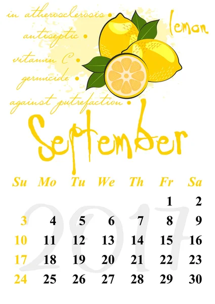 Calendar grid for 2017. Useful properties of fruits. September — Stock Vector