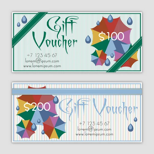 Plantillas de vales con sombrillas de colores — Vector de stock