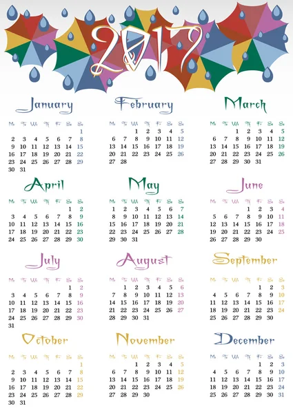 Calendar grid for 2017 with colorful umbrellas — Stock Vector