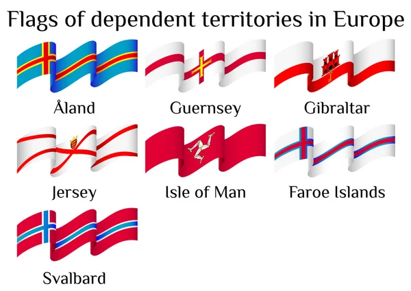 Vol de drapeaux des territoires dépendants de l’Europe dans les vagues — Image vectorielle