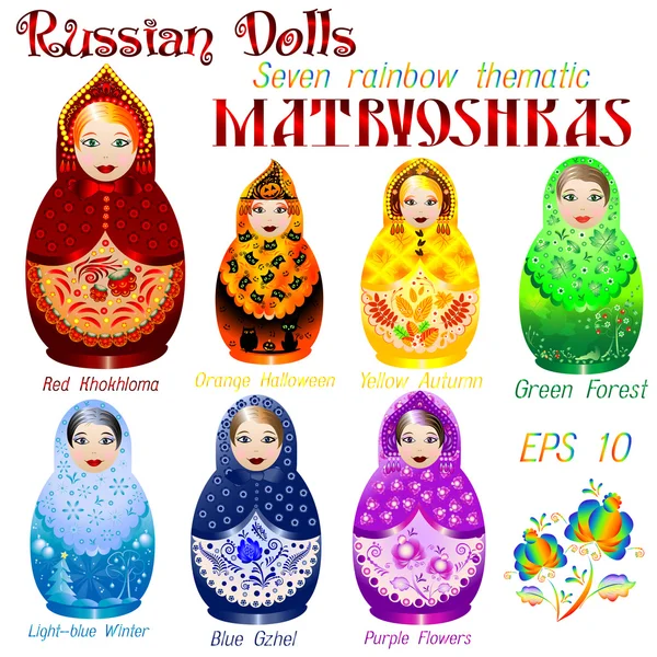 Russische poppen. zeven regenboog thematische matrjosjka — Stockvector