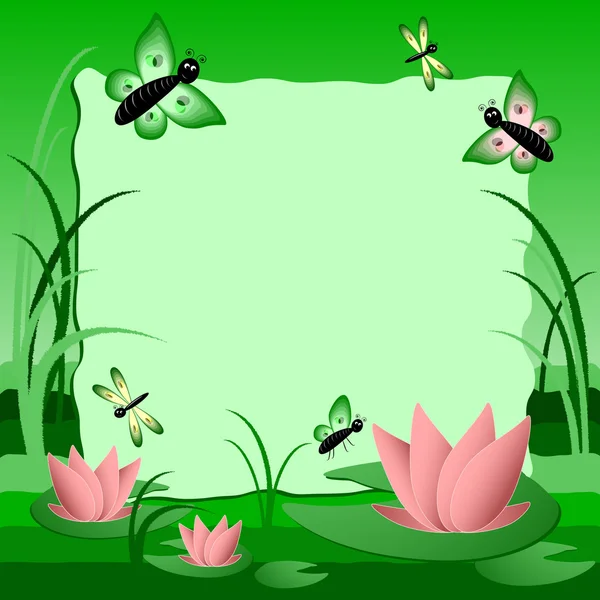 Children's illustration with label for text. Swamp with lotus. Green color — Stock Vector