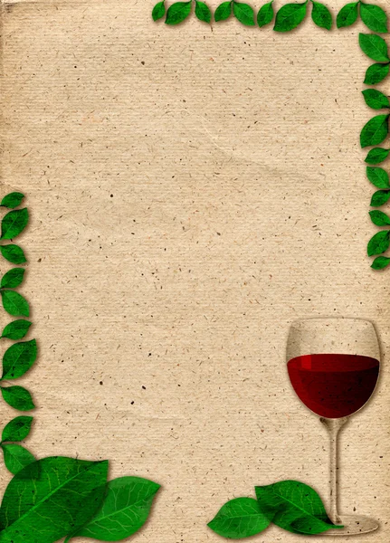 Paper in beige color tone with ornament in form of glass of wine and green leaves — Stock Photo, Image