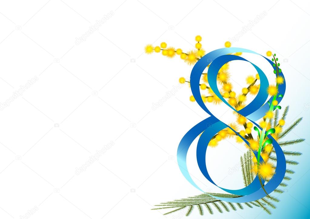 Holiday greeting card with twigs of mimosa on white background on International Women's Day. March 8