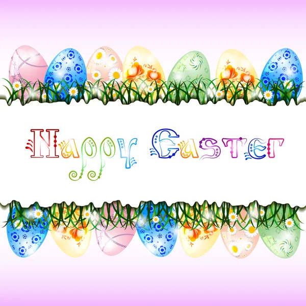 Cartão de saudação de Easter com ornamento de ovos e flores de primavera. Cristo ressuscitou — Vetor de Stock