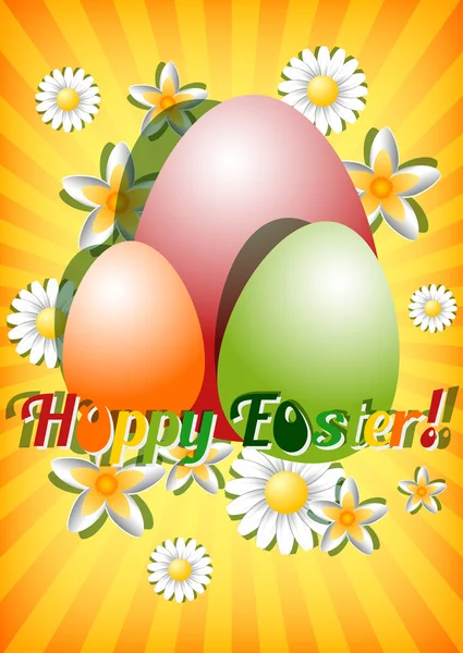 Grußkarte zu Ostern mit Ornament aus Eiern und Frühlingsblumen auf gelb gestreiftem Hintergrund. Christus ist auferstanden — Stockvektor