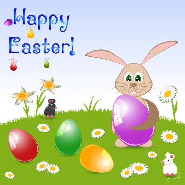 Children's card for Easter with painted eggs and rabbit on floral meadow clipart