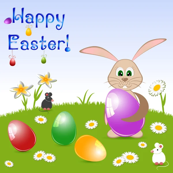 Kinderkarte zu Ostern mit bemalten Eiern und Hasen auf Blumenwiese — Stockvektor