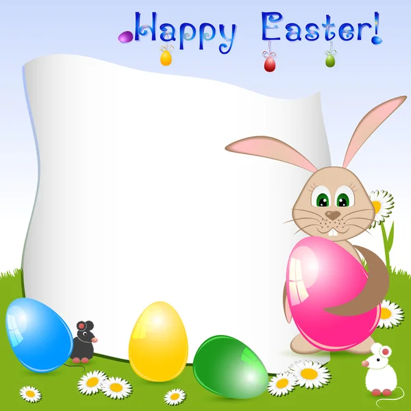 Cartão de crianças de Páscoa com ovos pintados e coelho em prado floral. Lugar para texto — Vetor de Stock