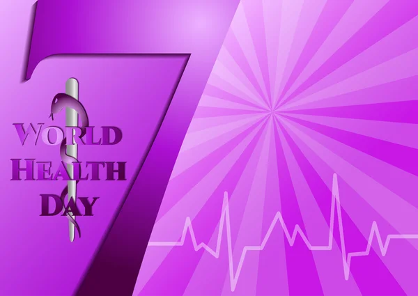 Абстрактный фиолетовый фон с медицинской символикой. Всемирный день здоровья. Номер 7 и посох Асклепия — стоковый вектор