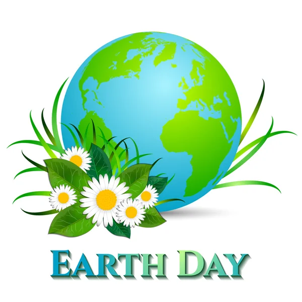 Postcard on April 22 - Earth day. Globe with grass and camomiles on white — Stock Vector