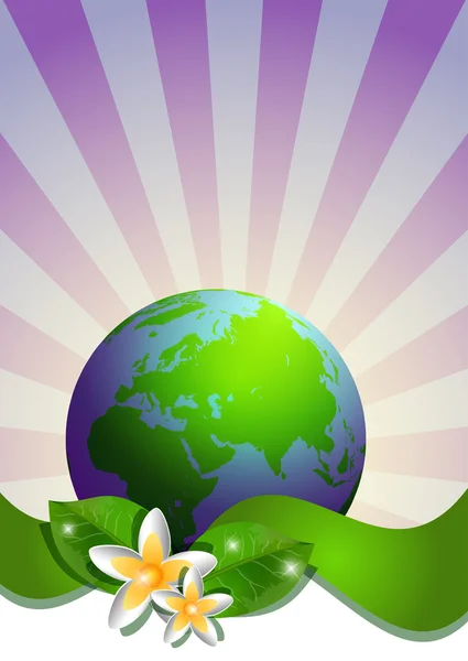 Postkarte am 22. April - Tag der Erde. Globus mit grünem Band und Narzisse auf gestreiftem Hintergrund — Stockvektor