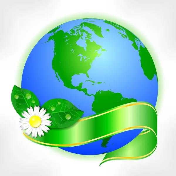 Postkarte am 22. April - Tag der Erde. Globus mit grünem Band und Blume — Stockvektor