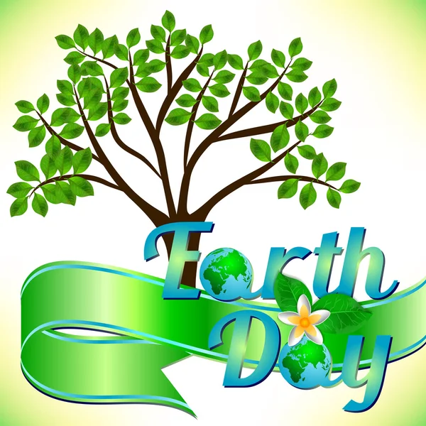 Postcard on April 22 - Earth day with green ribbon and spring tree — Stok Vektör