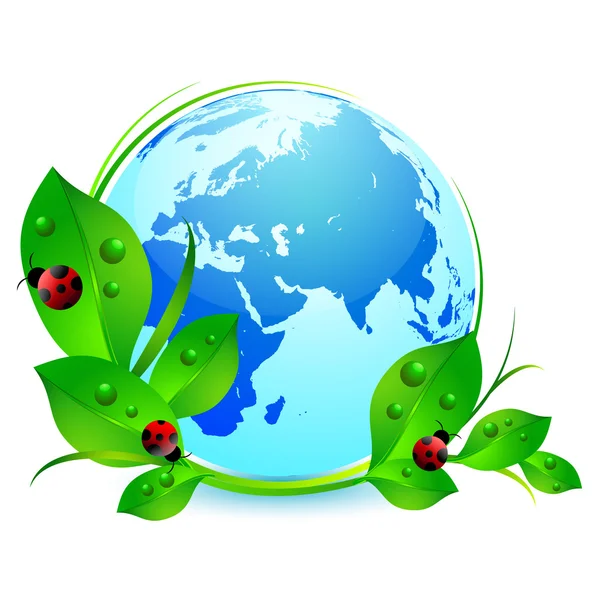 Postkarte am 22. April - Tag der Erde. Globus mit grünen Blättern und Marienkäfern auf weißem Grund — Stockvektor