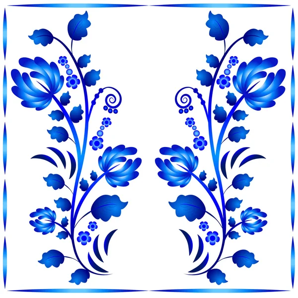 Ornamento floral em estilo Gzhel. Duas hastes com flores no quadro. Folclore russo — Vetor de Stock