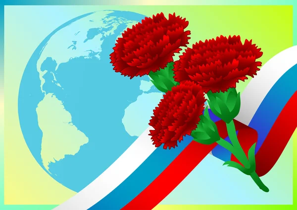 Earth globe with Russian flag and carnations on green background — Stock Vector