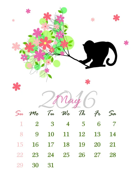 Kalender blad voor 2016 mei met aap op vertakking van de beslissingsstructuur — Stockvector