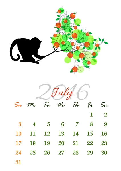 Folha de calendário para 2016 Julho com macaco no galho da árvore — Vetor de Stock
